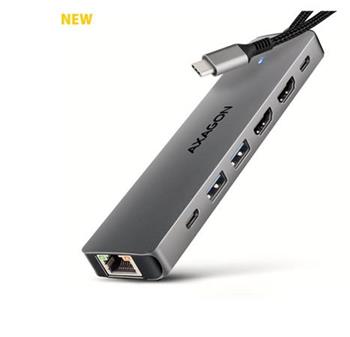 AXAGON HMC-7HX2, USB 5Gbps hub, 2x USB-A, USB-C, 2x HDMI 4k/60Hz, RJ-45 GLAN, PD 100W, kabel USB-C 15cm