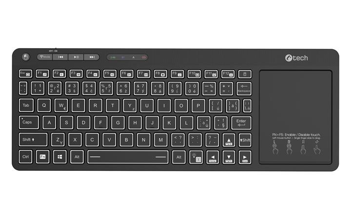 C-TECH klávesnice WLTK-03, Dual mode, BT5.0 + 2,4GHzb, bezdrátová s touchpadem, LED podsvětlení, černá