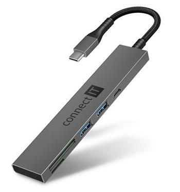 CONNECT IT CompactPRO USB-C hub + čtečka karet, (2xUSB-A 3.0, 1xUSB-C), externí,