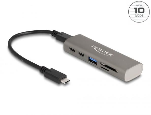 Delock 3 portový rozbočovač USB 10 Gbps včetně čtečky karet SD a Micro SD s konektorem rozhraní USB Type-C™