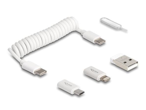 Delock 5 v 1 Sada s datovým a nabíjecím USB kabelem a adaptérem, PD 3.0 60 W, bílá