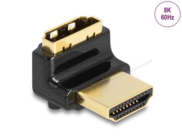 Delock Adaptér HDMI, ze zástrčky na zásuvku, 90° pravoúhlý nahoru 8K 60 Hz, kovový