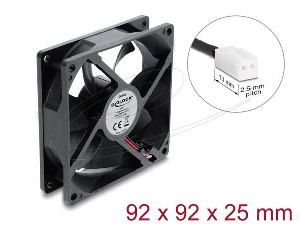 Delock Axiální ventilátor 48 V DC, 92 x 92 x 25 mm s 2-pinovým zásuvkovým konektorem ventilátoru, černý