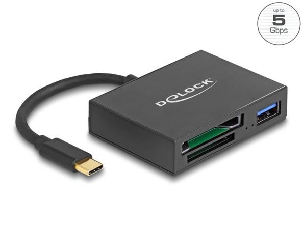 Delock Čtečka karet USB-C™ na paměťové karty XQD a SD + port rozhraní USB 5 Gbps Typ-A