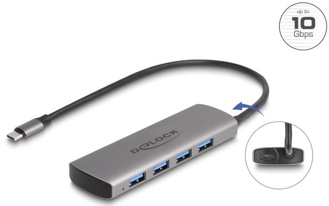 Delock Hub USB 10 Gbps se 4 porty USB Typ-A, s konektorem USB Type-C™ a s dalším napájecím portem