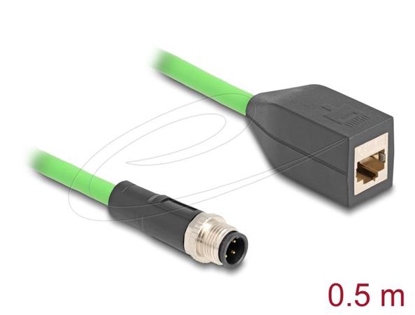 Delock Kabel M12, D-kódovaný, 4 pin, ze zástrčkového na RJ45 zásuvkový konektor, PUR (TPU), 0,5 m