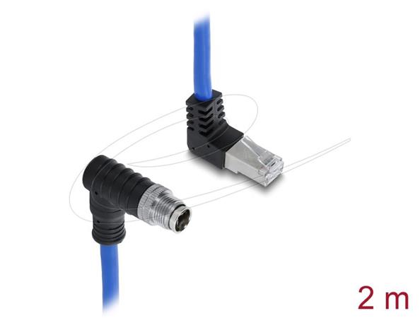 Delock Kabel M12, X-kódovaný, z 8 pinové zástrčky zahnuté dolů na zástrčku RJ45 zahnutou nahoru, S/FTP, stíněný, 2 m