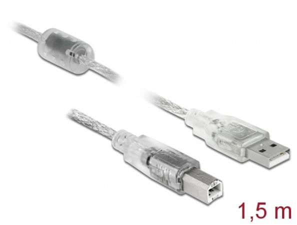 Delock Kabel USB 2.0 Typ-A samec > USB 2.0 Typ-B samec 1,5m transparentní