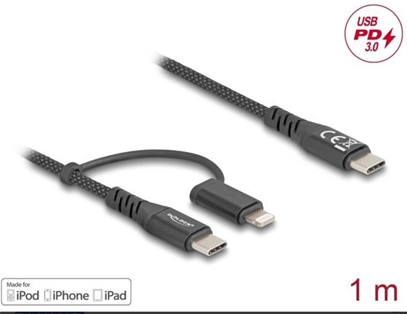 Delock Kabel USB 2 v 1, z rozhraní USB Type-C™ na USB Type-C™ / Lightning™, pro iPhone™ a iPad™, 1 m, MFi, 60 W