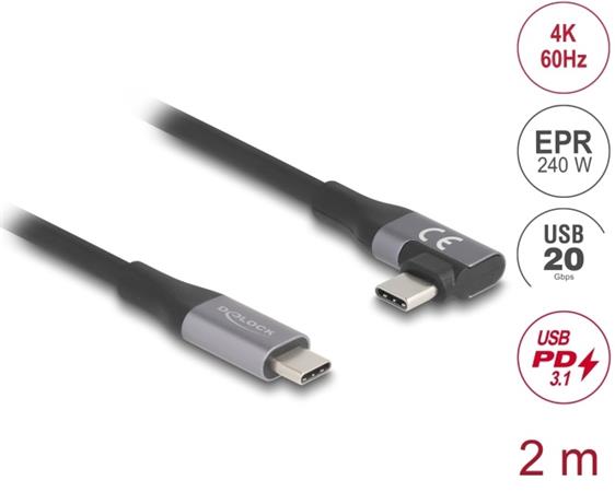 Delock Kabel USB 20 Gbps, pravoúhlý levý / pravý USB PD 3.1 Extended Power Range 240 W 2 m