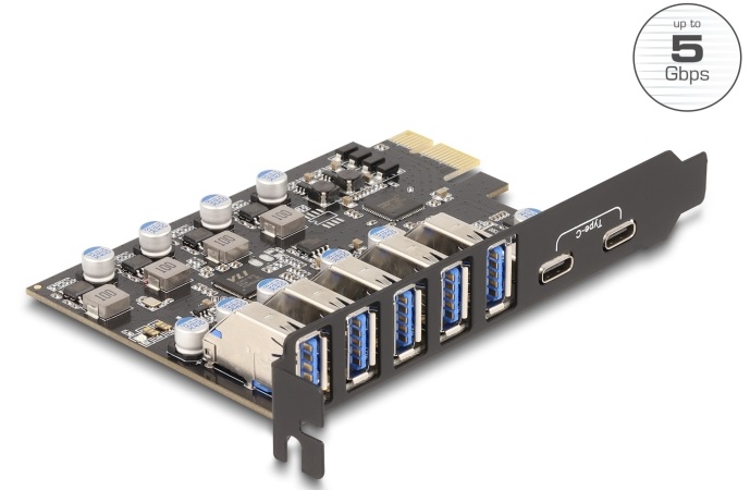 Delock Karta PCI Express x1 USB 5 Gbps na 5 x externí Typu-A + 2 x externí zásuvkové USB Type-C™