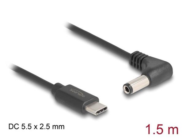 Delock Napájecí kabel z konektoru USB Type-C™ na stejnosměrný konektor 5,5 x 2,5 mm, pravoúhlý, 1,5 m