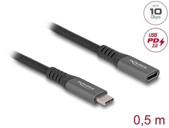 Delock Prodlužovací kabel USB 10 Gbps USB Type-C™ zástrčky na zásuvku PD 3.0 100 W 0,5 m šedá kovová