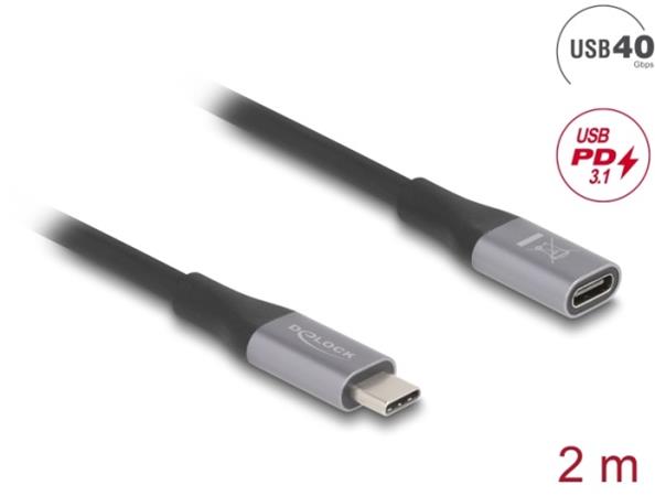 Delock Prodlužovací kabel USB 40 Gbps USB Type-C™ zástrčky na zásuvku PD 3.1 240 W 2 m šedá kovová