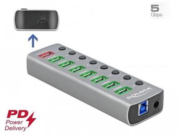 Delock Rozbočovač USB 3.2 Gen 1 se 7 porty + 1 rychlonabíjecím portem + 1 portem USB-C™ PD 3.0 s přepínačem a osvětlením