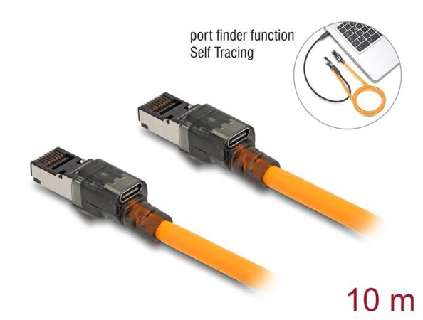 Delock Síťový kabel RJ45 s funkcí vyhledávání portů USB Type-C™, samosledovací, Cat.6A, S/FTP, 10 m, oranžový