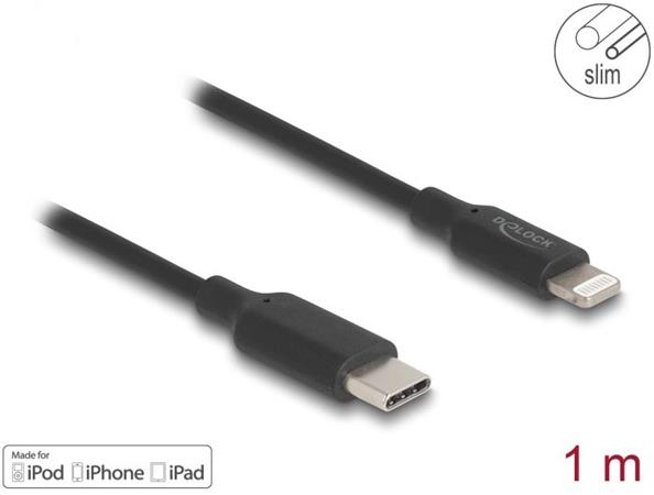 Delock Tenký datový a nabíjecí kabel z rozhraní USB Type-C™ na Lightning™, pro iPhone™, iPad™, iPod™, černý, 1 m, MFi