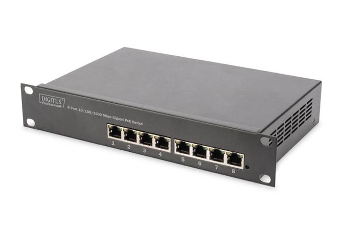DIGITUS Gigabitový Ethernet PoE přepínač, 8-Port PoE+, 10", PoE budget až 80 W