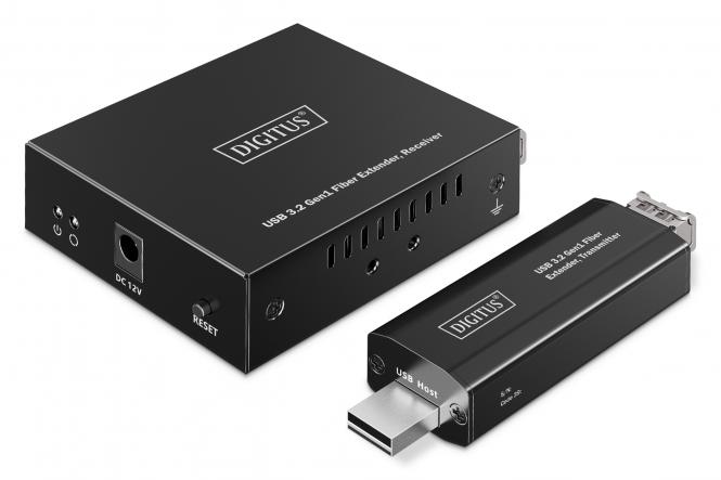 DIGITUS USB 3.2 Gen1 Fiber Extender, 5 Gbps, 4 porty: 3x USB-A / 1x USB-C, 300m