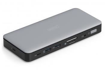 Digitus USB-C dokovací stanice, 11 portů: 2× HDMI, 1× DisplayPort, 2× USB-A, 1× USB-C, 1× RJ45, 1× DC, 1× audio