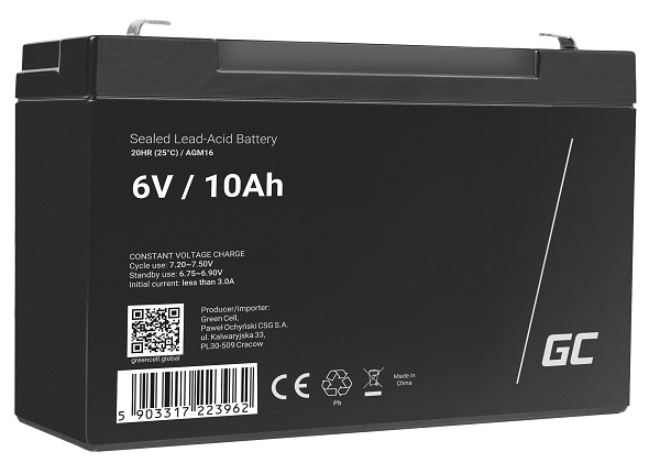 Green Cell AGM VRLA 6V 10Ah maintenance-free battery for the alarm system, cash register, toys