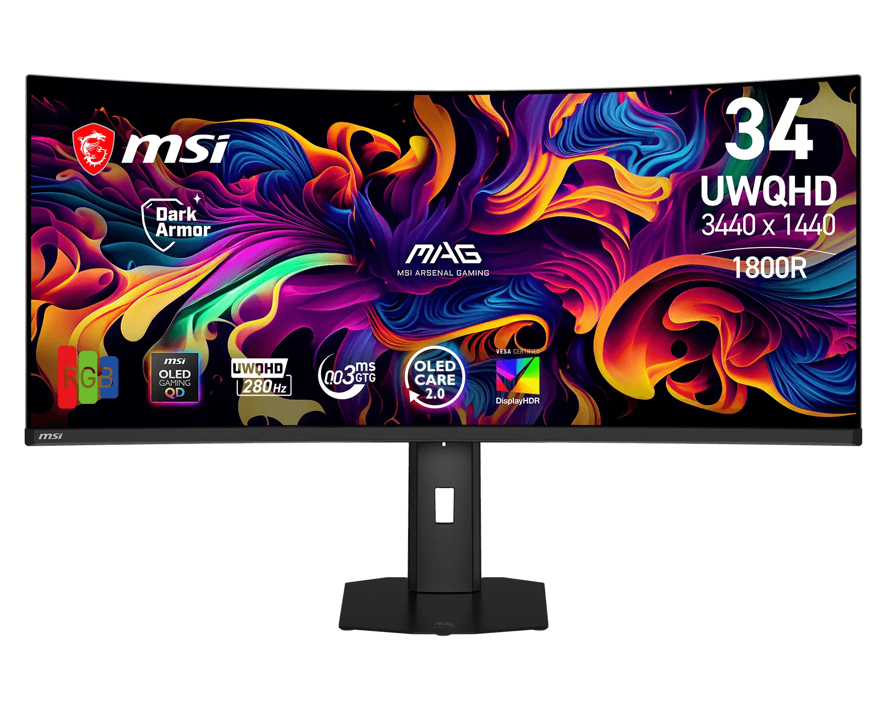 MSI Gaming monitor MAG 341CQP QD-OLED X28, 34" QD-OLED zakřivený/3440x1440(UWQHD)/280Hz/0,03ms/2xHDMI/DP/USB-C/Výšk.nast