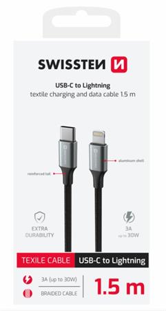 SWISSTEN DATOVÝ KABEL TEXTILE II USB-C / LIGHTNING 1,5 M ČERNÝ