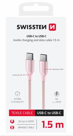 SWISSTEN DATOVÝ KABEL TEXTILE II USB-C / USB-C 1,5 M RŮŽOVÝ